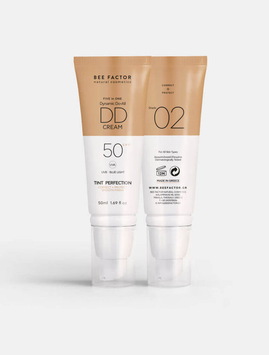 DD Κρέμα Προσώπου SPF50 για Αντιηλιακή Προστασία και Αντιγήρανση, 5 σε 1 για όλες τις επιδερμίδες. Διατίθεται στο Eiria Cosmetics, με προστασία UVB και μπλε φωτός.