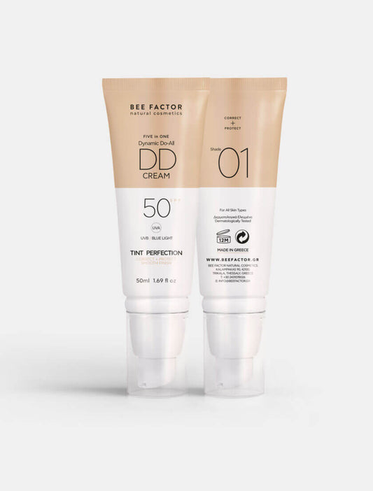 DD Κρέμα Προσώπου SPF50 για Αντιηλιακή Προστασία και Αντιγήρανση, 5 σε 1 για όλες τις επιδερμίδες. Απόχρωση 01 Διατίθεται στο Eiria Cosmetics, με προστασία UVB και μπλε φωτός.