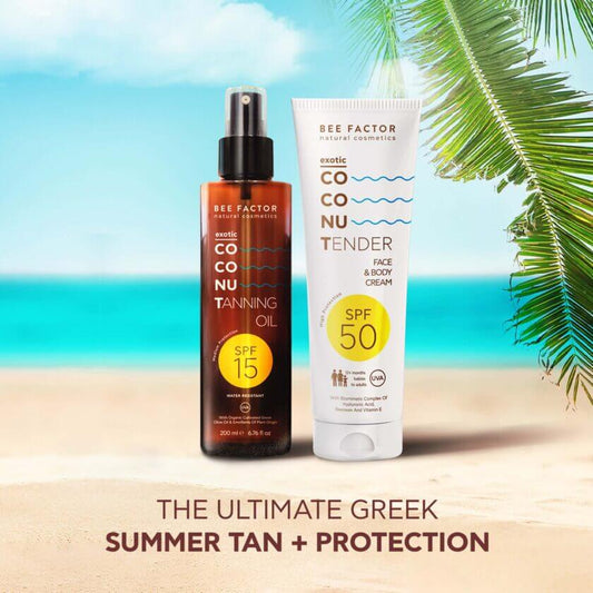 Bee Factor Exotic Coconut Duo Set με Tanning Oil SPF15 και Tender Face & Body Cream SPF50 σε καλοκαιρινό σκηνικό παραλίας, σετ για φυσικό μαύρισμα, υψηλή αντηλιακή προστασία, ενυδάτωση και περιποίηση προσώπου και σώματος.