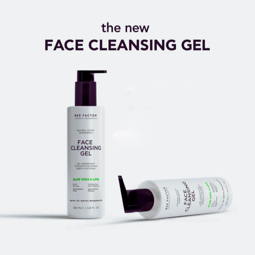 Φωτογραφία του νέου Face Cleansing Gel της Bee Factor Natural Cosmetics, με συσκευασία 200ml. Το προϊόν περιέχει φυσικά ενεργά συστατικά, όπως αλόη και λάιμ, και προσφέρει απαλό και αποτελεσματικό καθαρισμό του προσώπου, ιδανικό για την καθημερινή φροντίδα της επιδερμίδας. Στην εικόνα φαίνεται το προϊόν με την αντλία ανοιχτή, έτοιμο για χρήση. Διαθέσιμο στο EIria Cosmetics