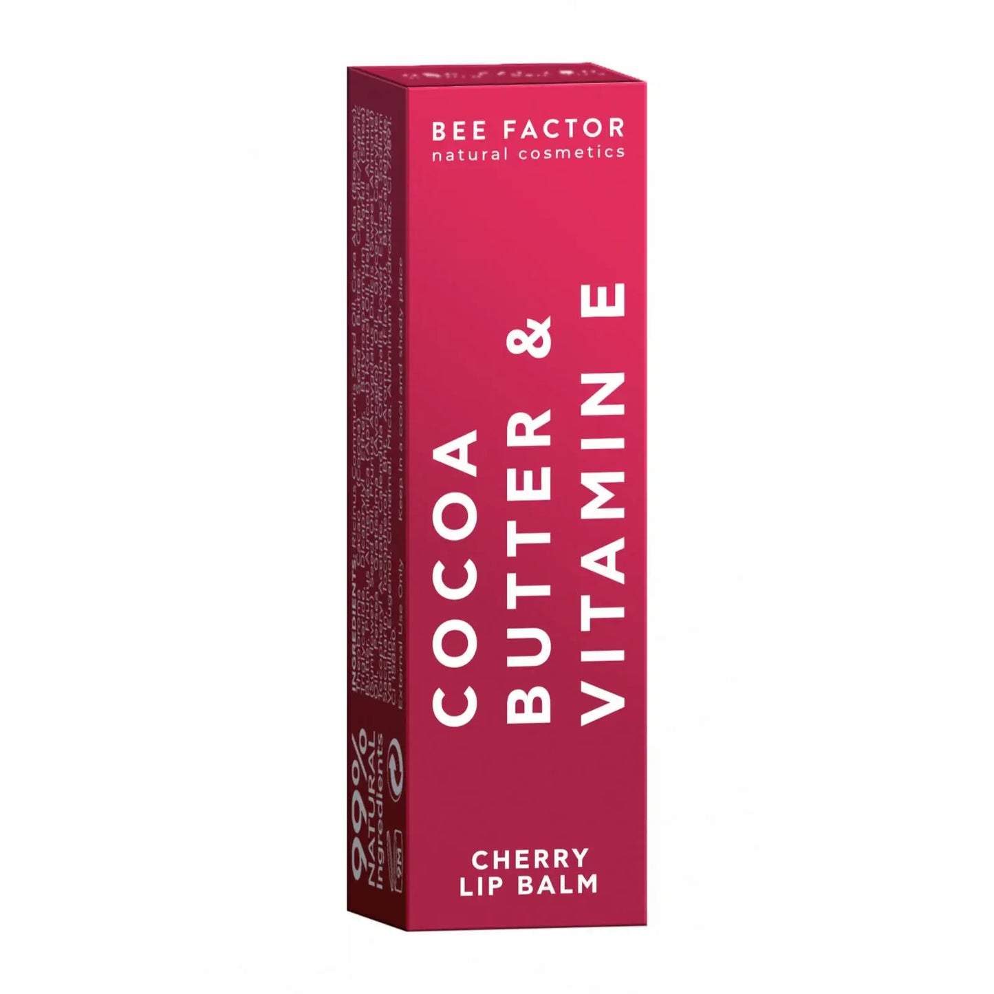 Κουτί συσκευασίας Bee Factor Cherry lip balm (ενυδατικό βάλσαμο χειλιών με γεύση κεράσι) με βούτυρο κακάο & βιταμίνη E, σε μπορντό/ροζ χρώμα με λευκή γραφή “Cocoa Butter & Vitamin E” σε λευκό φόντο – Eiria.gr