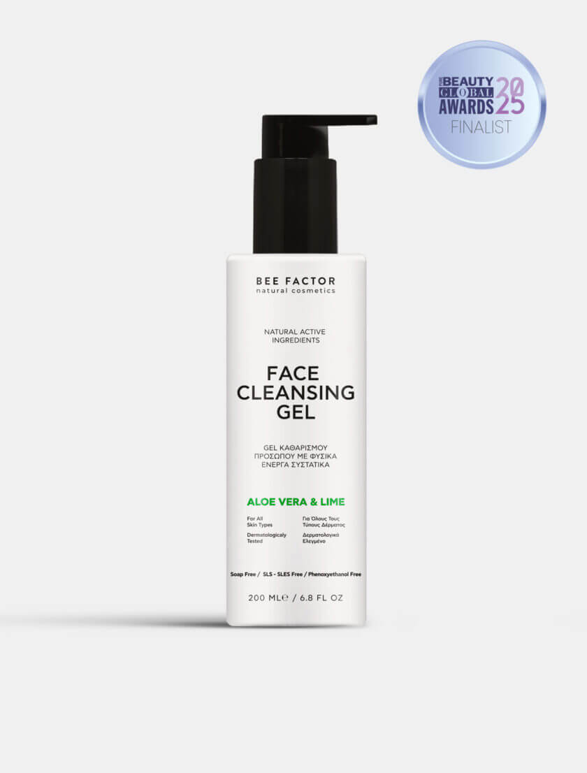 Bee Factor Φυσικό Gel Καθαρισμού για Πρόσωπο & Μάτια με Aloe Vera & Lime, 200ml — βραβευμένο προϊόν (Pure Beauty Global Awards 2025 Finalist), κατάλληλο για όλους τους τύπους δέρματος, χωρίς σαπούνι, SLS/SLES και phenoxyethanol. Διατίθεται στο eiria.gr.