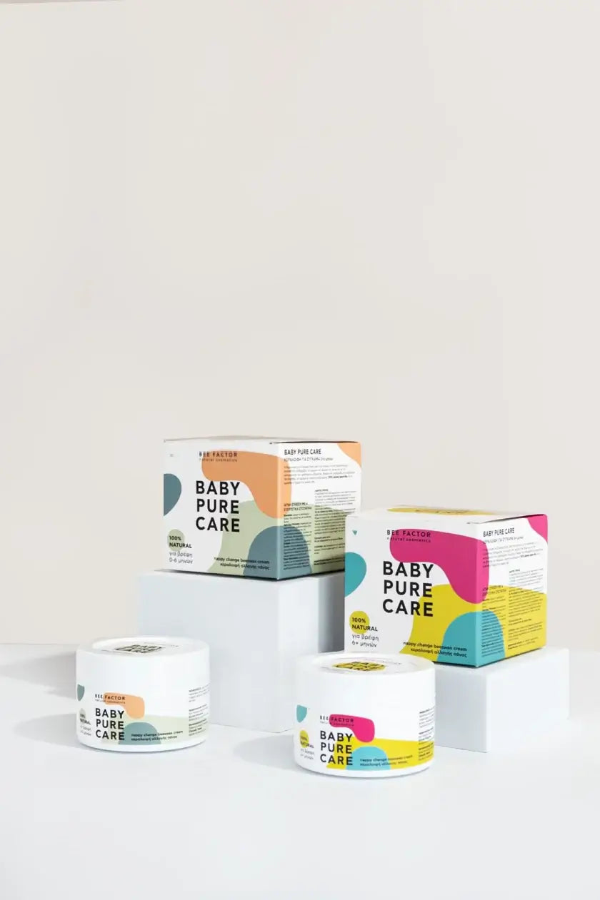 Συσκευασίες κεραλοιφώμ Baby Pure Care της Bee Factor για σύγκαμα βρεφών 0-6 καί 6+ plus μηνών – 100% φυσική προστασία με κερί μέλισσας – διαθέσιμη στο Eiria Cosmetics