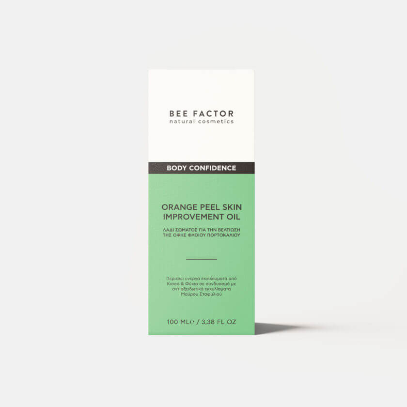 Συσκευασία του Bee Factor “Body Confidence” Orange Peel Skin Improvement Oil 100ml, λάδι σώματος για κυτταρίτιδα με εκχυλίσματα κισσού, φυκιών και μαύρου πιπεριού. Ιδανικό για φυσική σύσφιξη και ενυδάτωση, διαθέσιμο στο eiria.gr.