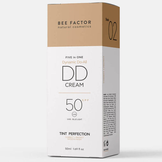 Η 5 in 1 DD Κρέμα Προσώπου SPF50 Bee Factor για εκπληκτική προστασία από UVB, UVA και μπλε ακτινοβολία, με δείκτη προστασίας SPF 50, στην απόχρωση Shade 02, διαθέσιμη στο Eiria Cosmetics. Ιδανική για όλους τους τύπους δέρματος, με τελειοποιημένο φινίρισμα.