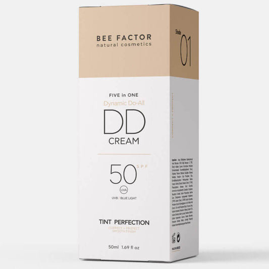 Η 5 in 1 DD Κρέμα Προσώπου SPF50 Bee Factor για εκπληκτική προστασία από UVB, UVA και μπλε ακτινοβολία, με δείκτη προστασίας SPF 50, στην απόχρωση Shade 01, διαθέσιμη στο Eiria Cosmetics. Ιδανική για όλους τους τύπους δέρματος, ανοιχτές επιδερμίδες με τελειοποιημένο φινίρισμα.