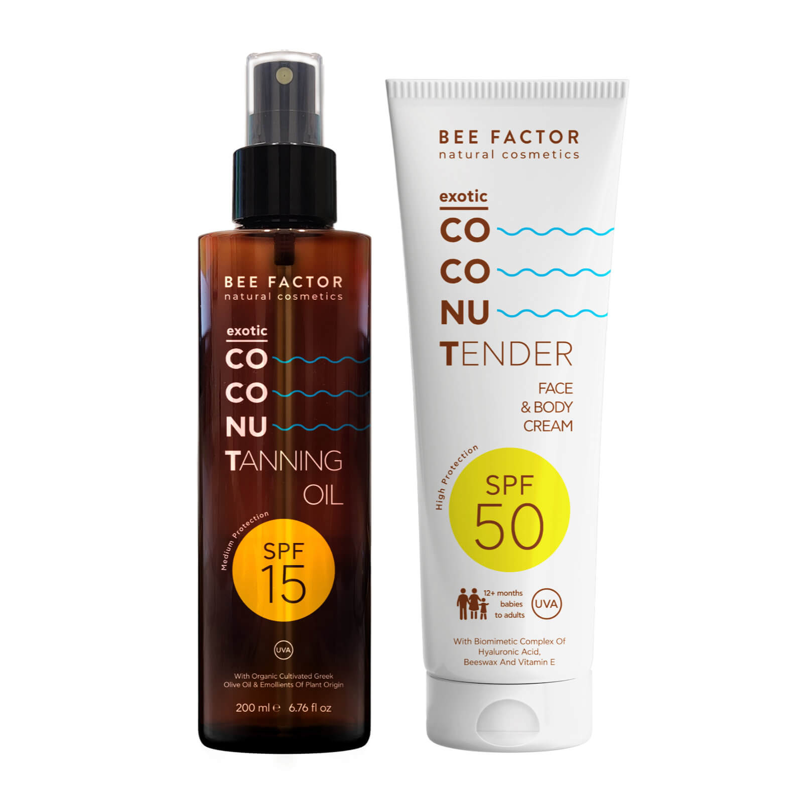 Bee Factor Exotic Coconut Duo Set με Exotic Coconut Tanning Oil SPF15 200ml και Tender Face & Body Cream SPF50 150ml, σετ για ασφαλές μαύρισμα, αντηλιακή προστασία προσώπου και σώματος, ενυδάτωση και καλοκαιρινή περιποίηση.