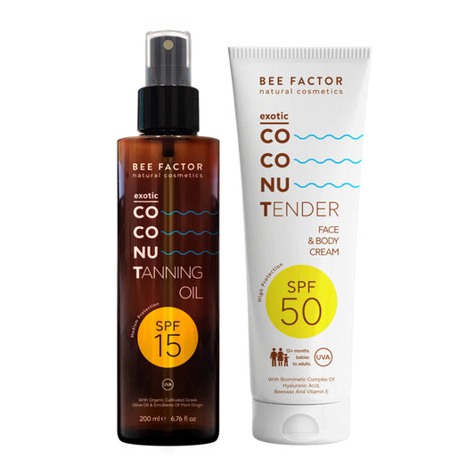 Bee Factor Exotic Coconut Duo Set με Exotic Coconut Tanning Oil SPF15 200ml και Tender Face & Body Cream SPF50 150ml, σετ για ασφαλές μαύρισμα, αντηλιακή προστασία προσώπου και σώματος, ενυδάτωση και καλοκαιρινή περιποίηση.