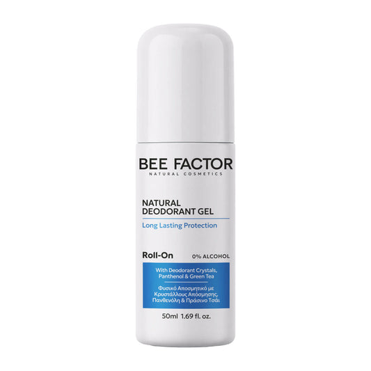 Bee Factor Natural Deodorant Gel φυσικό αποσμητικό σώματος Roll-On 50ml σε λευκό φόντο, με λευκή συσκευασία, μαύρα γράμματα και μπλε ετικέτα. Αποσμητικό μεγάλης διάρκειας με κρυστάλλους απόσμησης, πανθενόλη και πράσινο τσάι, 0% alcohol, για καθημερινή περιποίηση και προστασία από την κακοσμία.