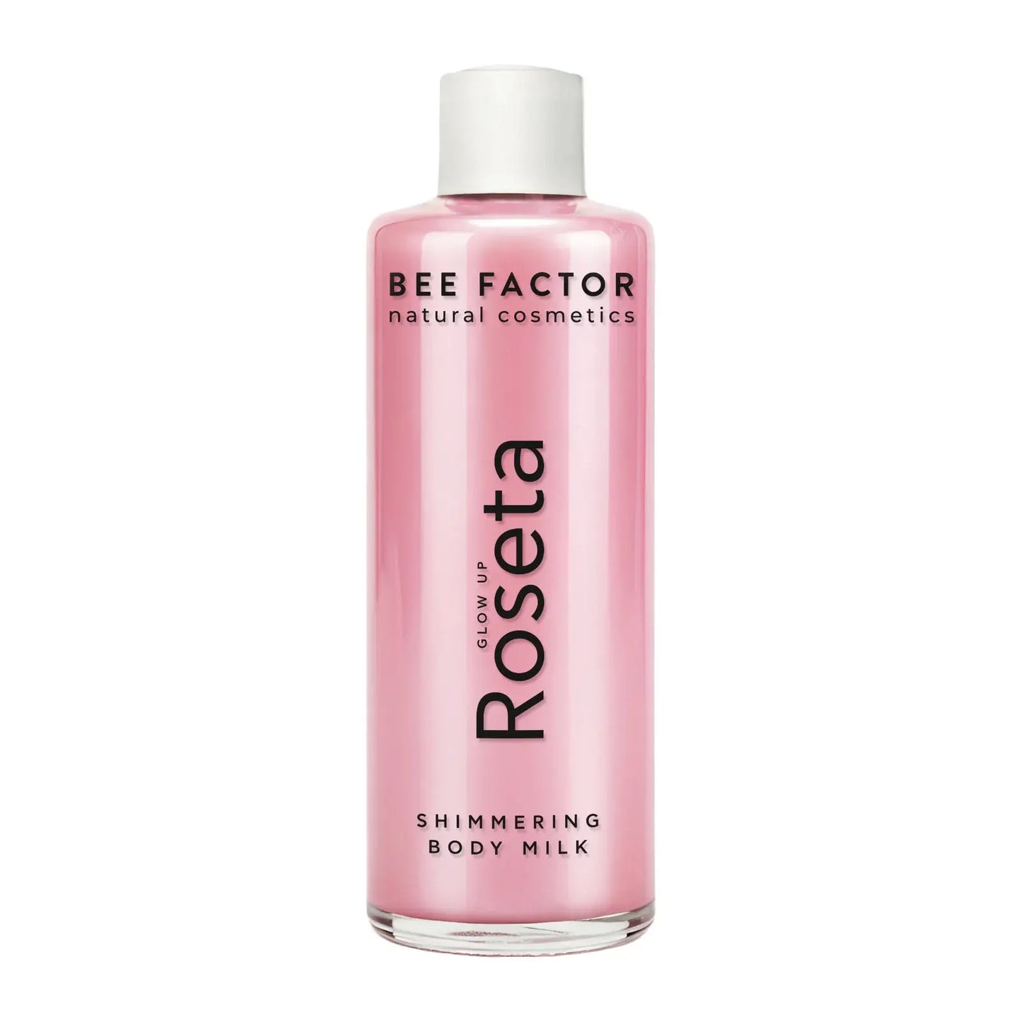 Glow Up Roseta Shimmering Body Milk 100ml της Bee Factor σε συσκευασία με ροζ και χρυσαφένιες λεπτομέρειες