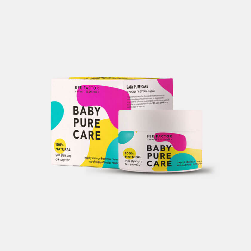 Συσκευασία και βάζο κεραλοιφής Baby Pure Care Bee Factor για σύγκαμα βρεφών 6+ μηνών – 100% φυσική προστασία με κερί μέλισσας – διαθέσιμη στο Eiria Cosmetics