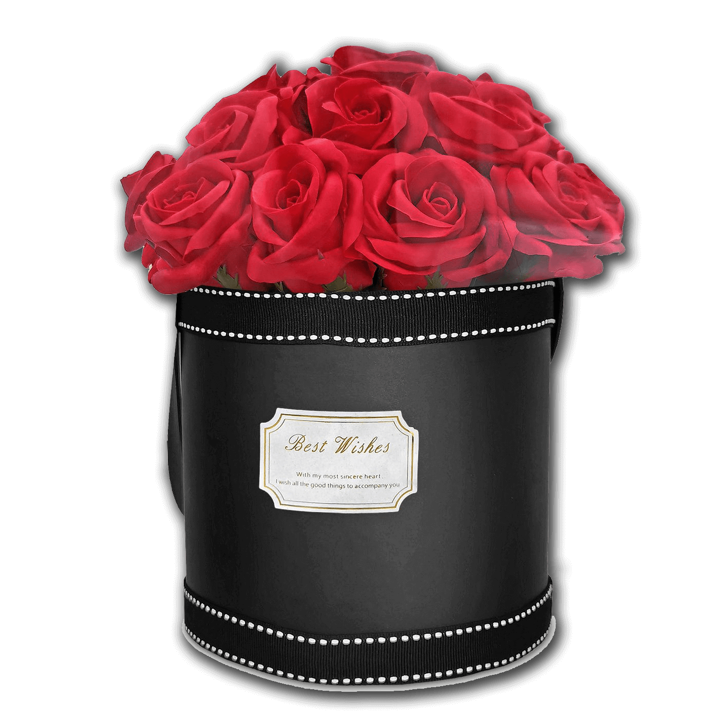 Μαύρο κυλινδρικό κουτί δώρου τύπου flower box με γυαλιστερή υφή και διακοσμητική κορδέλα με λευκό γαζί, γεμάτο με πλούσια σύνθεση από κόκκινα τριαντάφυλλα στην κορυφή (περίπου 21 τριαντάφυλλα), με ετικέτα “Best Wishes” στο μπροστινό μέρος—εντυπωσιακό ρομαντικό δώρο για Valentine’s Day, επέτειο ή ιδιαίτερη περίσταση – Eiria.gr