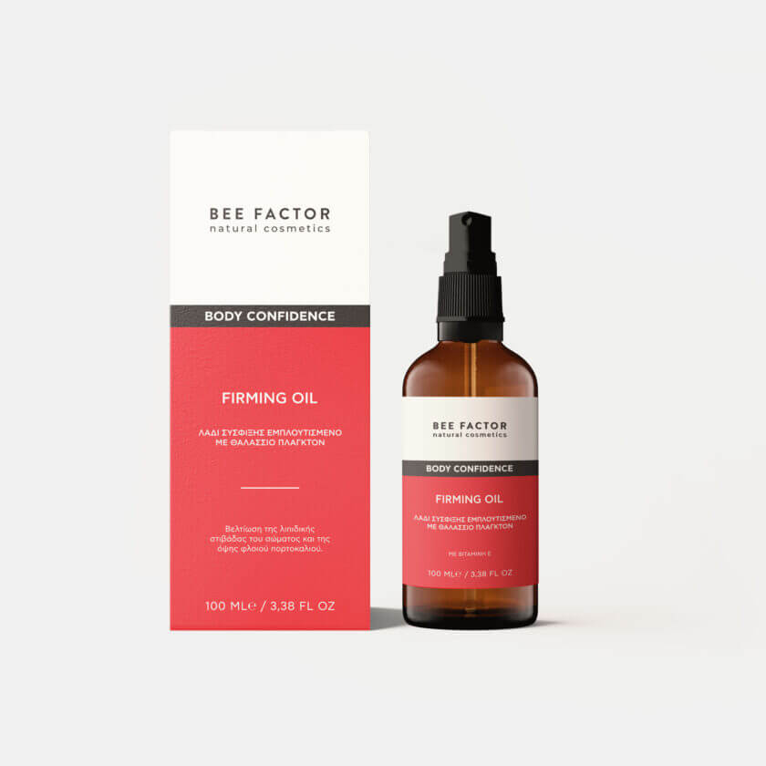 Bee Factor Firming Oil – φυσικό λάδι σύσφιξης σώματος με θαλάσσιο πλαγκτόν και βιταμίνη Ε, 100ml, με συσκευασία και μπουκάλι, κατάλληλο για το eiria.gr, φωτογραφία προϊόντος σε λευκό φόντο.