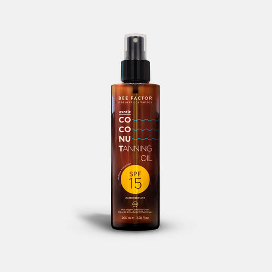 Αντηλιακό λάδι σώματος Bee Factor Exotic Coconut SPF 15 – φυσικό λάδι για γρήγορο και βαθύ μαύρισμα με άρωμα καρύδας, εμπλουτισμένο με ελληνικό ελαιόλαδο, βιταμίνη Ε και φυτικά έλαια, διαθέσιμο στο eiria.gr.