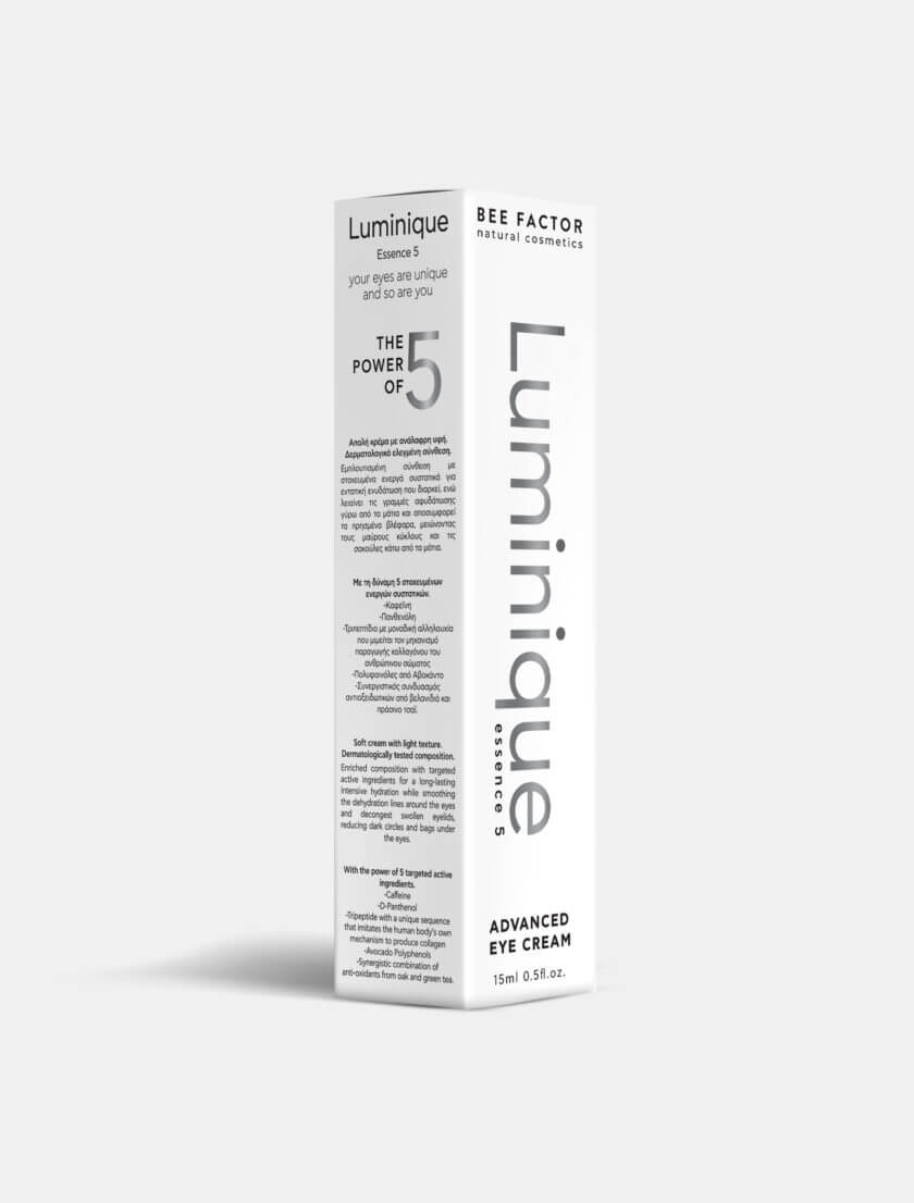 Πίσω όψη συσκευασίας της κρέμας ματιών Luminique Essence 5 της Bee Factor – σύνθεση με καφεΐνη, αβοκάντο, πανθενόλη και πεπτίδια, διαθέσιμη στο Eiria.