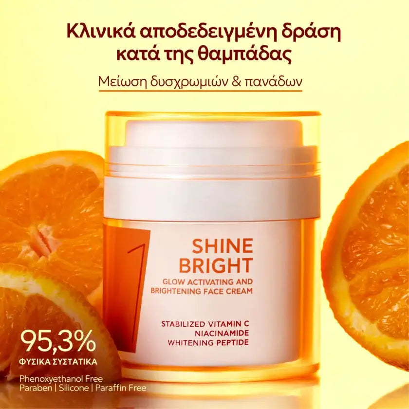 Προωθητική εικόνα της κρέμας προσώπου Shine Bright της Bee Factor, με το προϊόν σε λευκό και πορτοκαλί βαζάκι στο κέντρο της σύνθεσης, πλαισιωμένο από φέτες πορτοκαλιού που παραπέμπουν στη βιταμίνη C και στη φωτεινότητα της επιδερμίδας. Στην εικόνα αναγράφεται ότι διαθέτει κλινικά αποδεδειγμένη δράση κατά της θαμπάδας και συμβάλλει στη μείωση δυσχρωμιών και πανάδων, ενώ τονίζεται επίσης ότι περιέχει 95,3% φυσικά συστατικά. Στην ετικέτα του προϊόντος αναφέρονται συστατικά όπως stabilized vitamin C, niacinami
