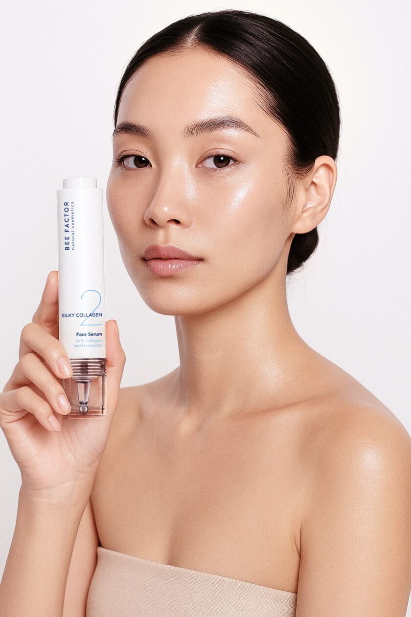 Γυναίκα εφαρμόζει τον ορό προσώπου Silky Collagen από Bee Factor – φυσικά καλλυντικά διαθέσιμα στο eiria.gr, ιδανικός για ενυδάτωση και ελαστικότητα δέρματος.