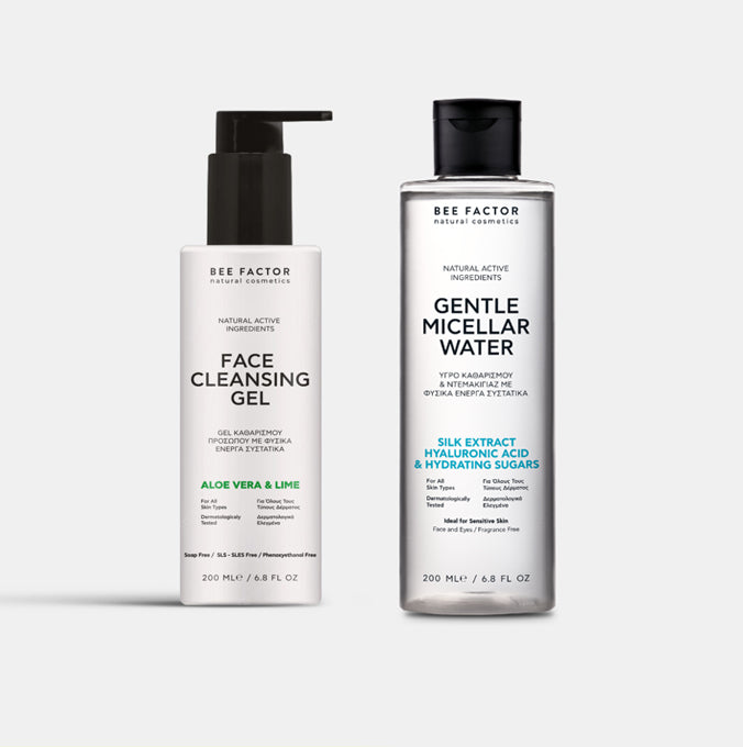 Σετ καθαρισμού Eiria Cosmetics – Natural Cleansing Gel & Gentle Micellar Water, φωτογραφία προϊόντων Eiria και Bee Factor, skincare set για καθαρό και φωτεινό δέρμα, Eiria Cosmetics