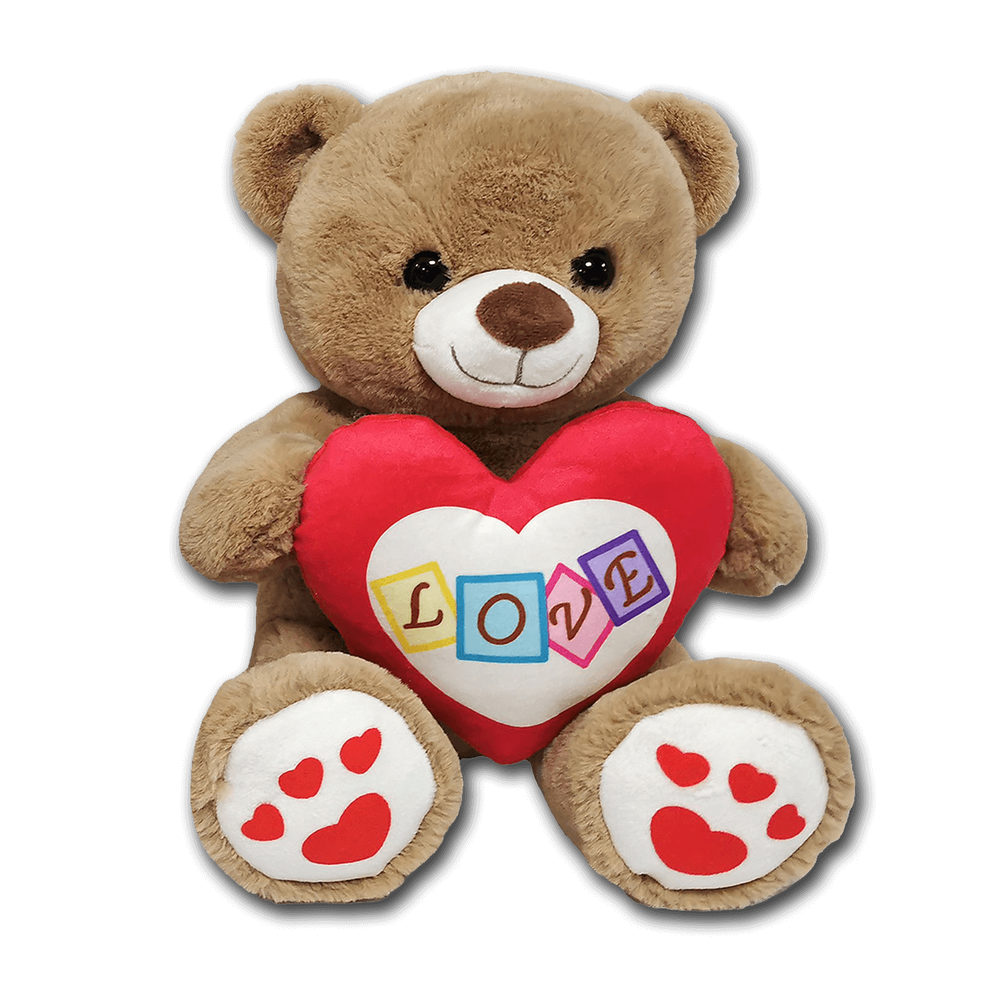 Καφέ λούτρινο αρκουδάκι (teddy bear) με απαλή, χνουδωτή υφή και χαμογελαστό πρόσωπο, που κρατά κόκκινη καρδιά με λευκό κέντρο και πολύχρωμη λέξη “LOVE”, με πατουσάκια διακοσμημένα με κόκκινες καρδιές—χαριτωμένο ρομαντικό δώρο για Valentine’s Day, επέτειο ή γενέθλια – Eiria.gr