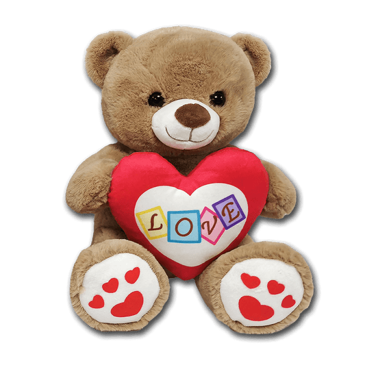 Καφέ λούτρινο αρκουδάκι (teddy bear) με απαλή, χνουδωτή υφή και χαμογελαστό πρόσωπο, που κρατά κόκκινη καρδιά με λευκό κέντρο και πολύχρωμη λέξη “LOVE”, με πατουσάκια διακοσμημένα με κόκκινες καρδιές—χαριτωμένο ρομαντικό δώρο για Valentine’s Day, επέτειο ή γενέθλια – Eiria.gr