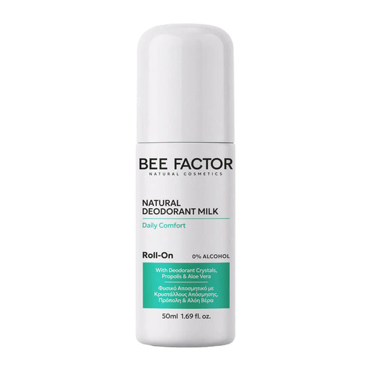 Bee Factor Natural Deodorant Milk 50ml, φυσικό αποσμητικό γαλάκτωμα roll-on 0% alcohol με κρυστάλλους απόσμησης, πρόπολη και αλόη βήρα.